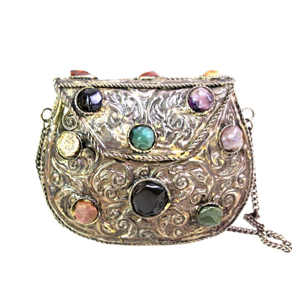 VINTAGE MULTICOLOR ENGRAVED METAL STONE CHAIN FLAP X-BODY SHOULDER BAG CLUTCH